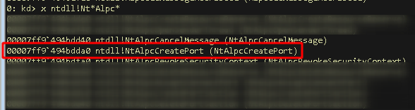 ALPC function selected NtAlpcCreatePort