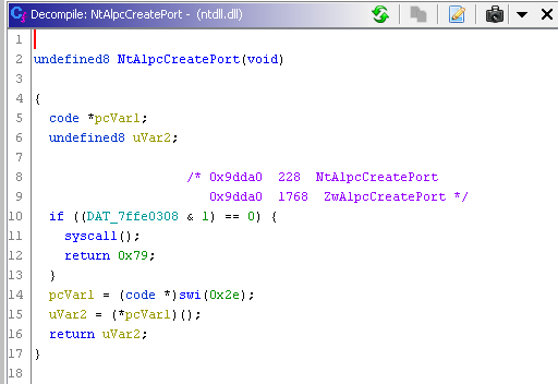 Ghidra Ntdll NtAlpcCreatePort