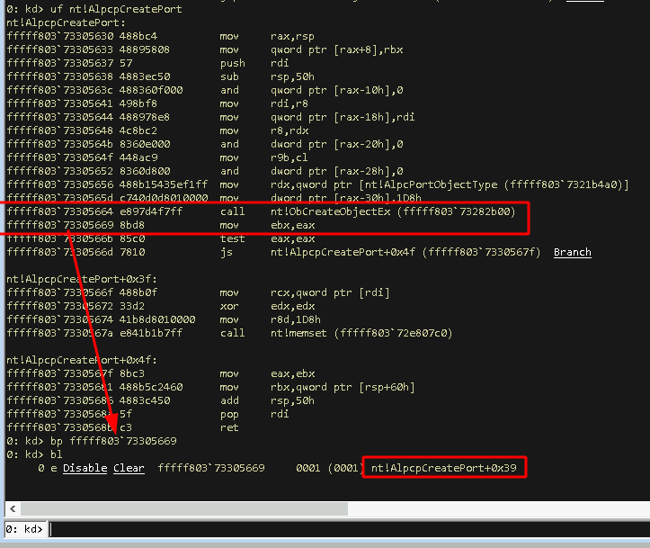 WinDbg breakpoint NtAlpcpCreatePort