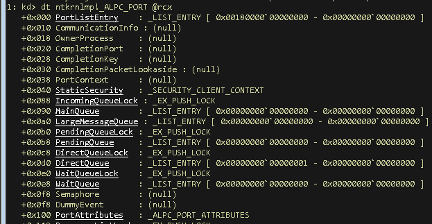 WinDbg filled ALPCPort structure