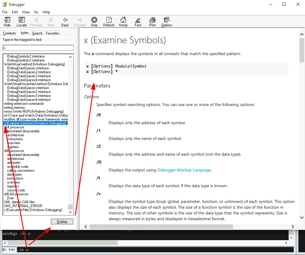 WinDbg help menu 