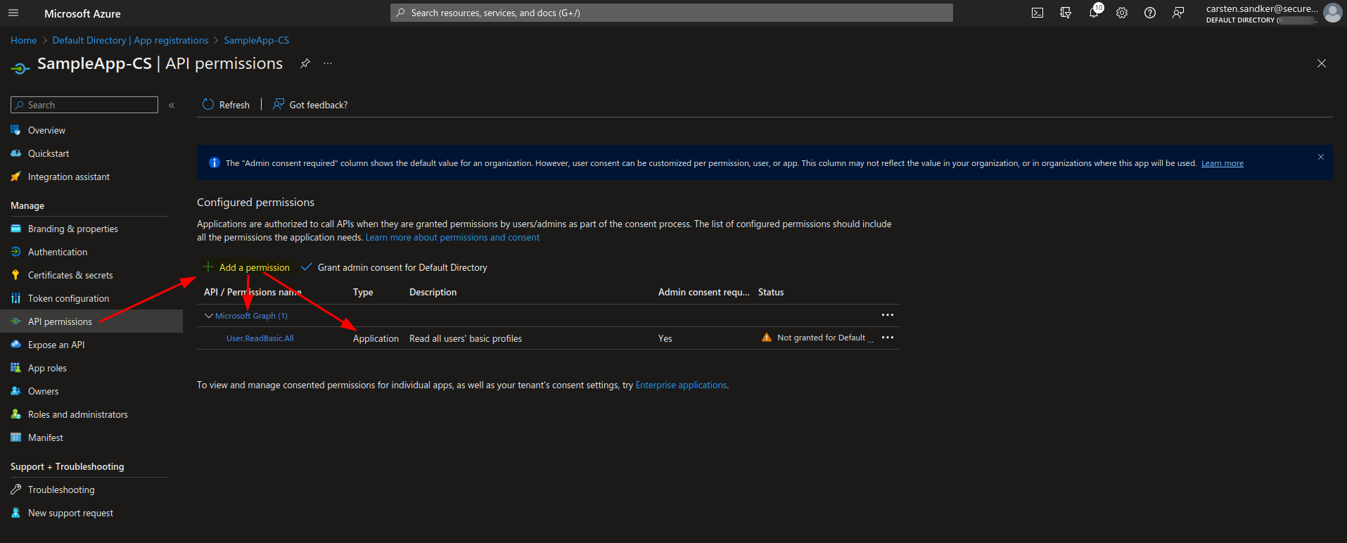Setting API Permissions for our SampleApp in the Azure Portal